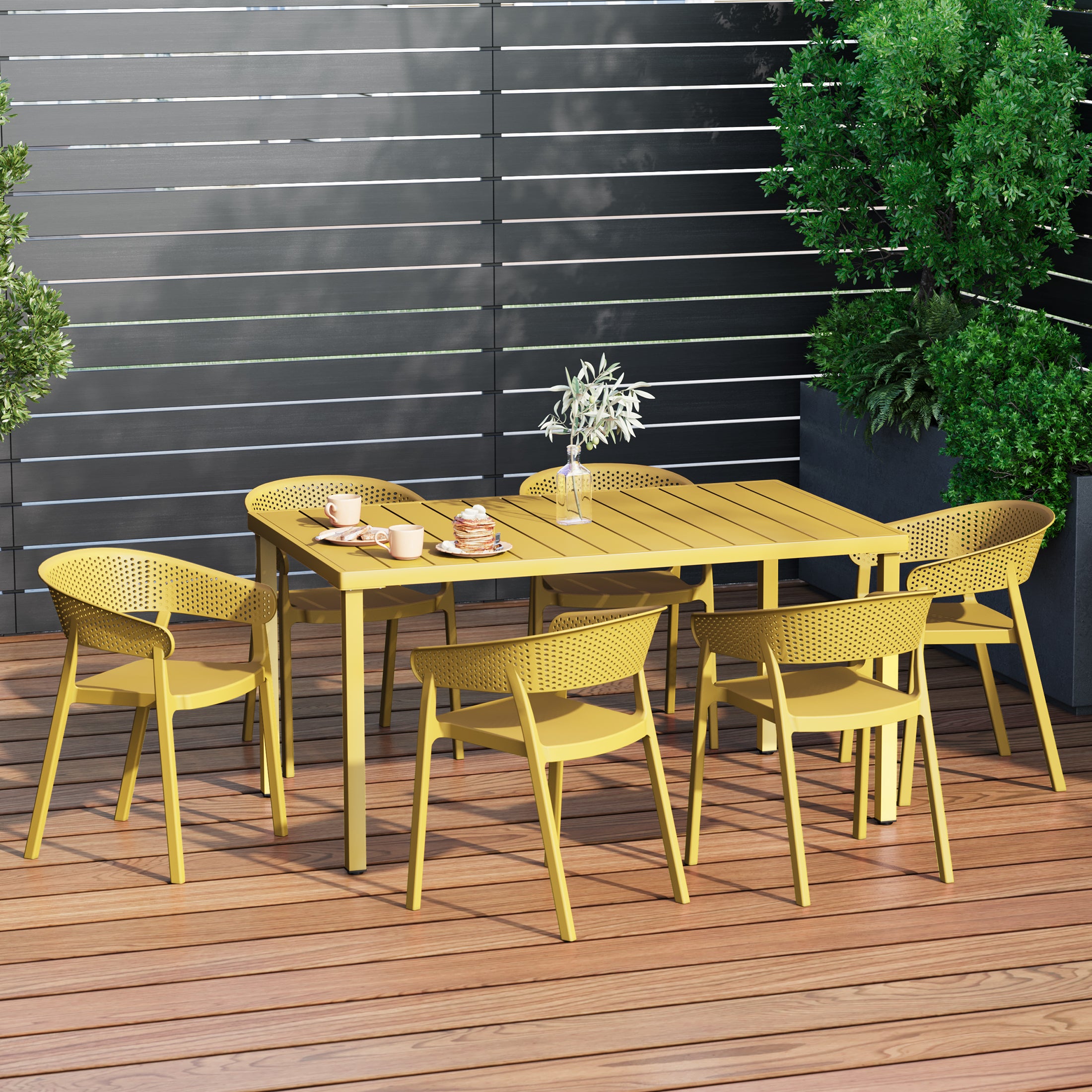 Playa 7-Piece Outdoor Metal Rectangle Patio Dining Table Set With Stackable Patio Dining Chairs