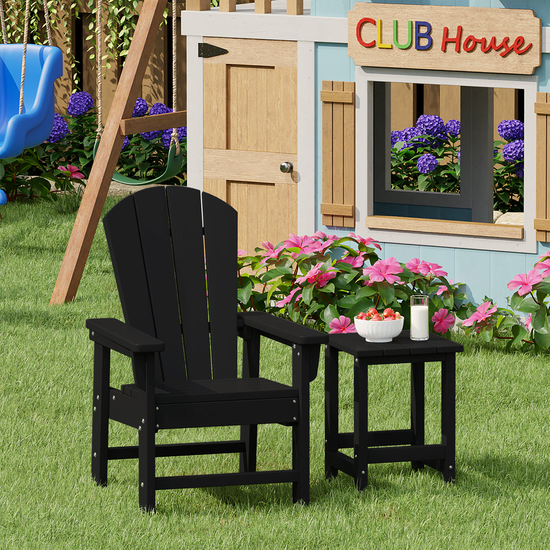 Malibu 2-Piece Kids Outdoor HDPE Adirondack Chair With Square Side Table Set