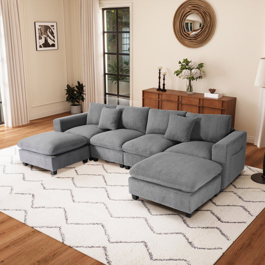 Hearthside 128" Corduroy Modular U-Shaped Sectional Couch and Chaise With USB/Type-C Ports and Side Pockets