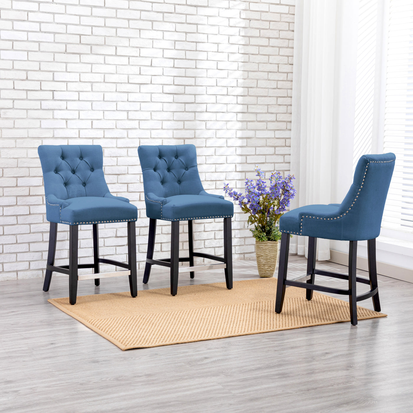 Hayes 24" Upholstered Tufted Wood Counter Stool (Set of 3), Black