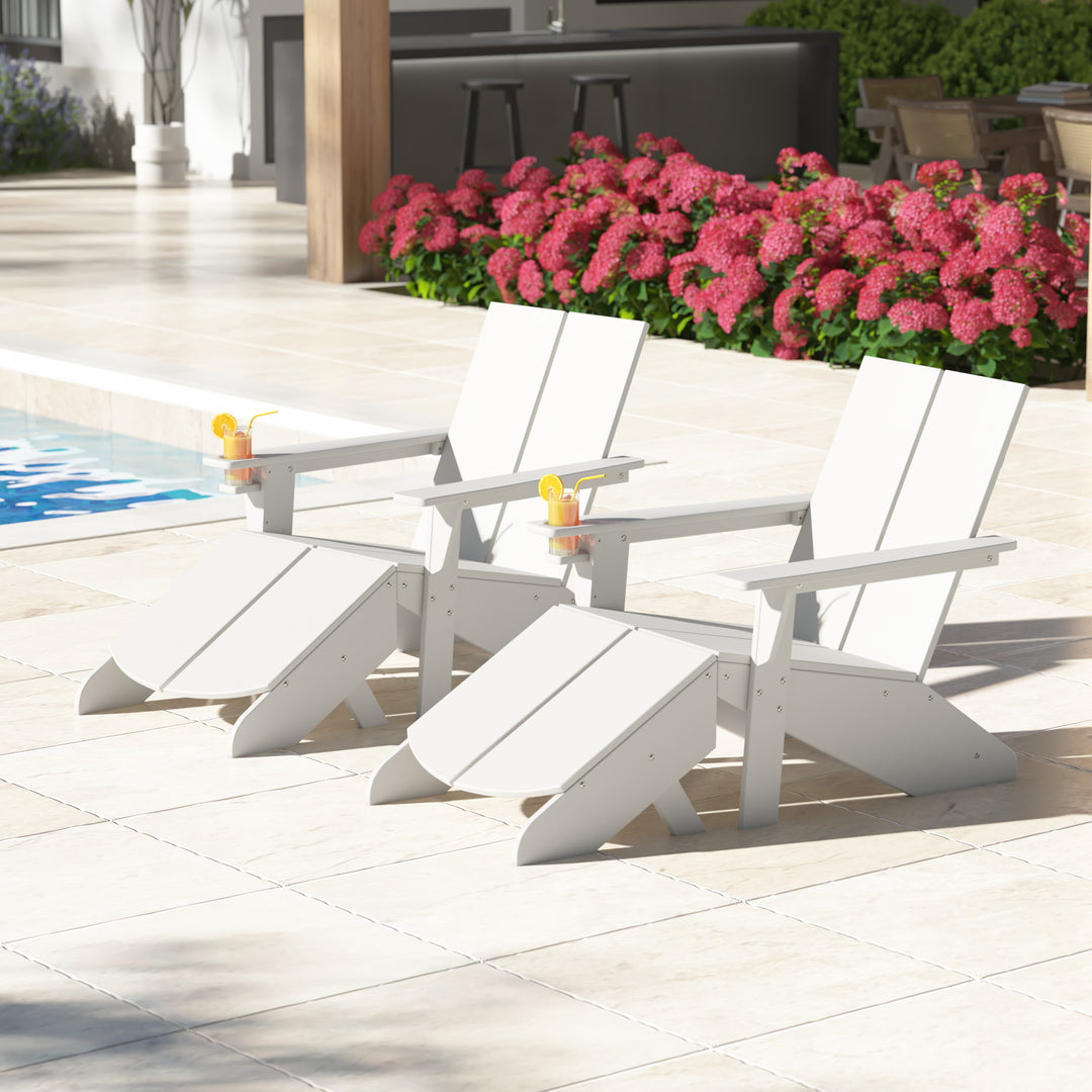 Riviera Outdoor 4-Piece HDPE Modern Adirondack Chairs Set with Folding Patio Ottomans and Cup Holder