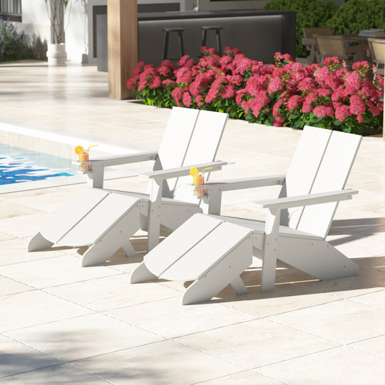 Riviera Outdoor 4-Piece HDPE Modern Adirondack Chairs Set with Folding Patio Ottomans and Cup Holder