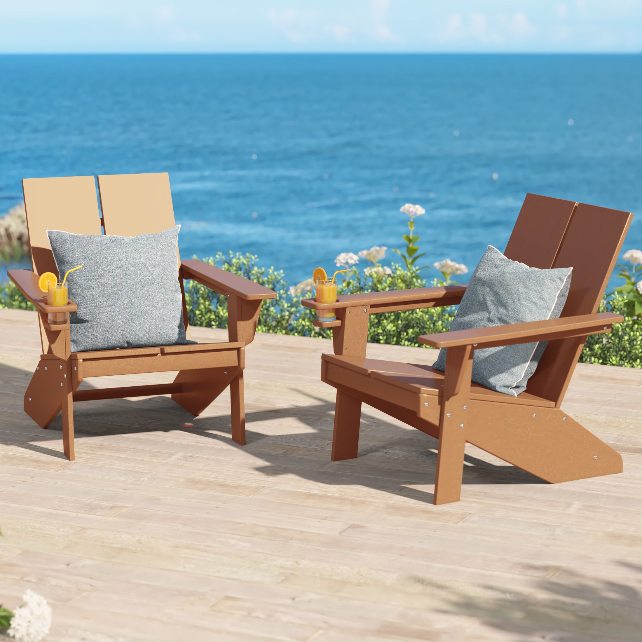 Riviera Outdoor HDPE Modern Adirondack Chair with Cup Holder (Set of 2)