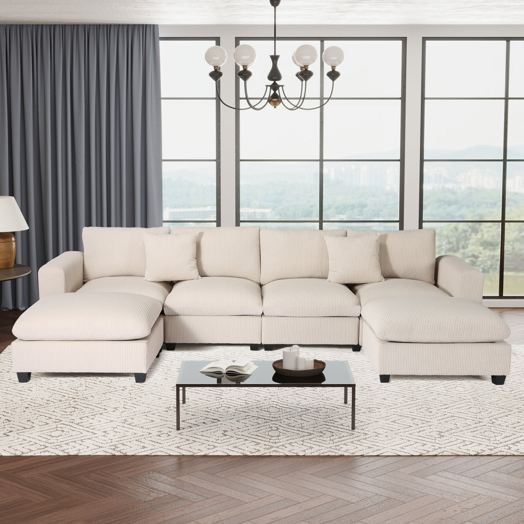 Hearthside 128" Corduroy Modular U-Shaped Sectional Couch and Chaise With USB/Type-C Ports and Side Pockets