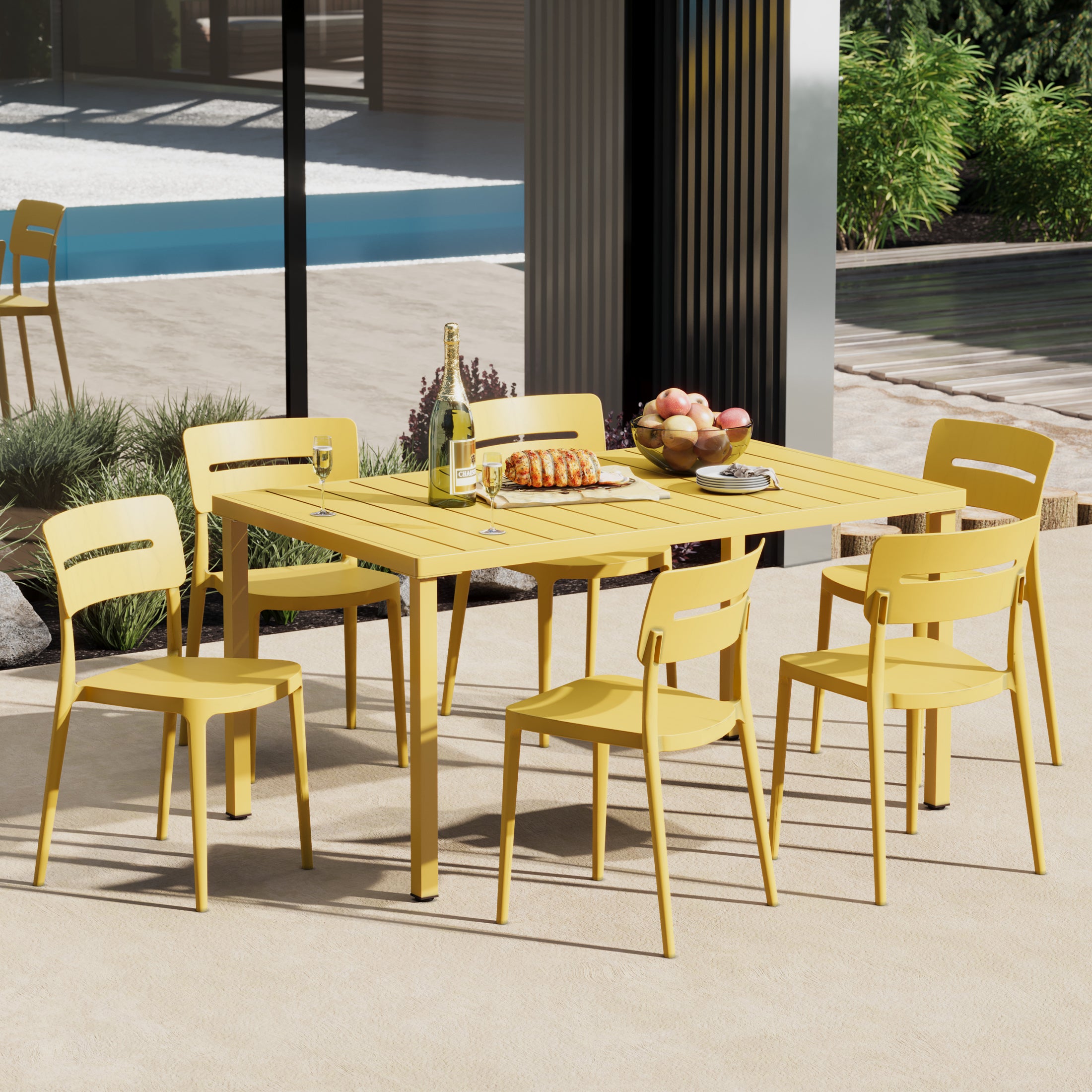Playa 7-Piece Outdoor Rectangular Metal Patio Dining Table Set With Stackable Patio Chairs