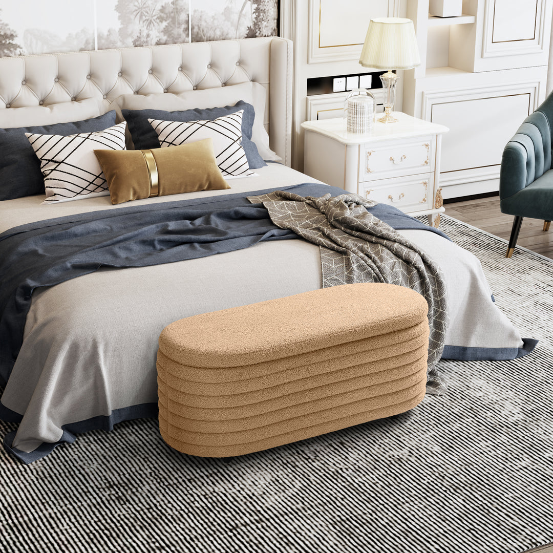 Alexandria 42" Wide Mid-Century Modern Upholstered Teddy Sherpa Tufted Oval Storage Ottoman Bench
