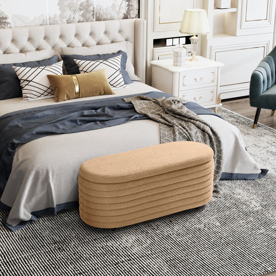 Alexandria 42" Wide Mid-Century Modern Upholstered Teddy Sherpa Tufted Oval Storage Ottoman Bench