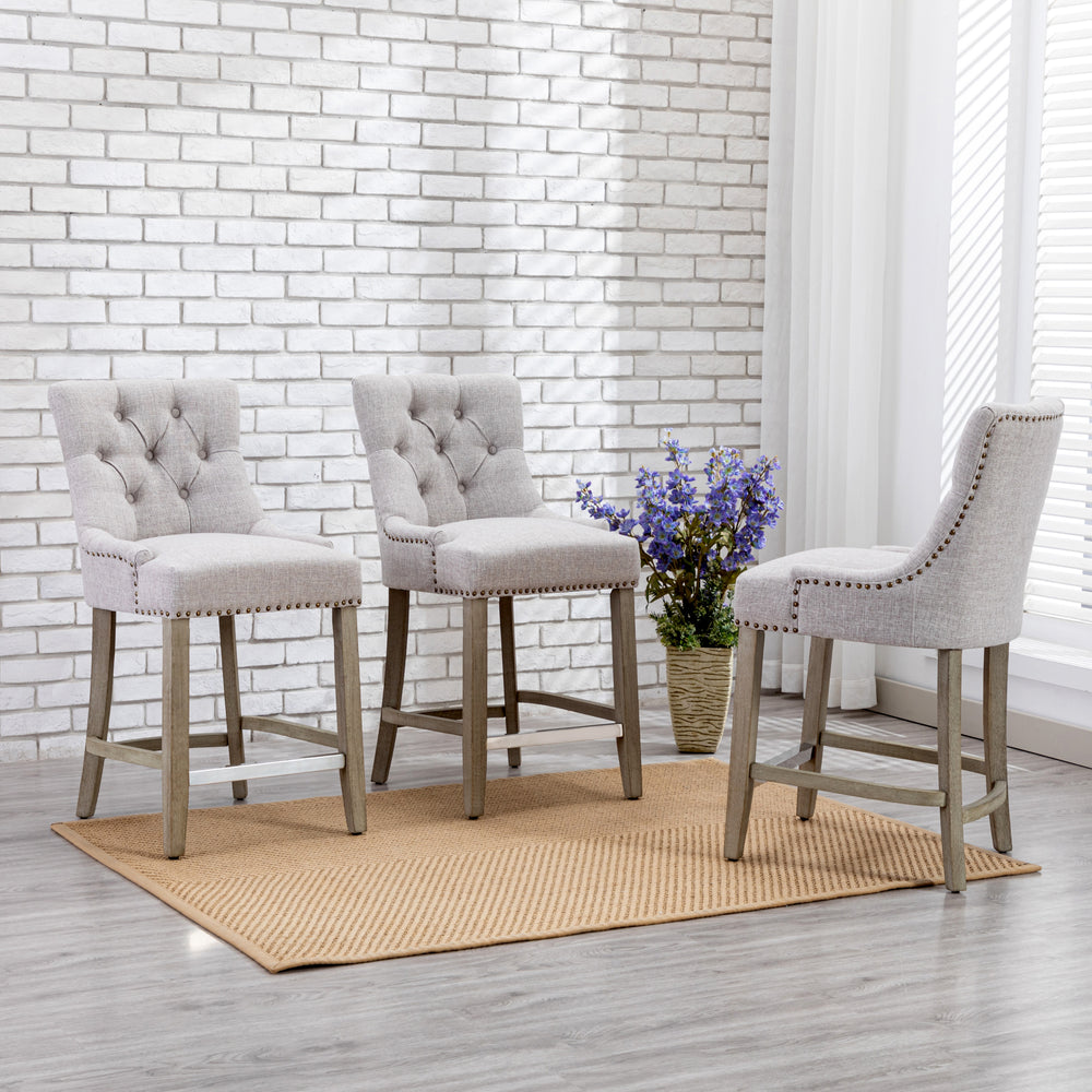 Hayes 24" Upholstered Tufted Wood Bar Stool (Set of 3), Antique Gray