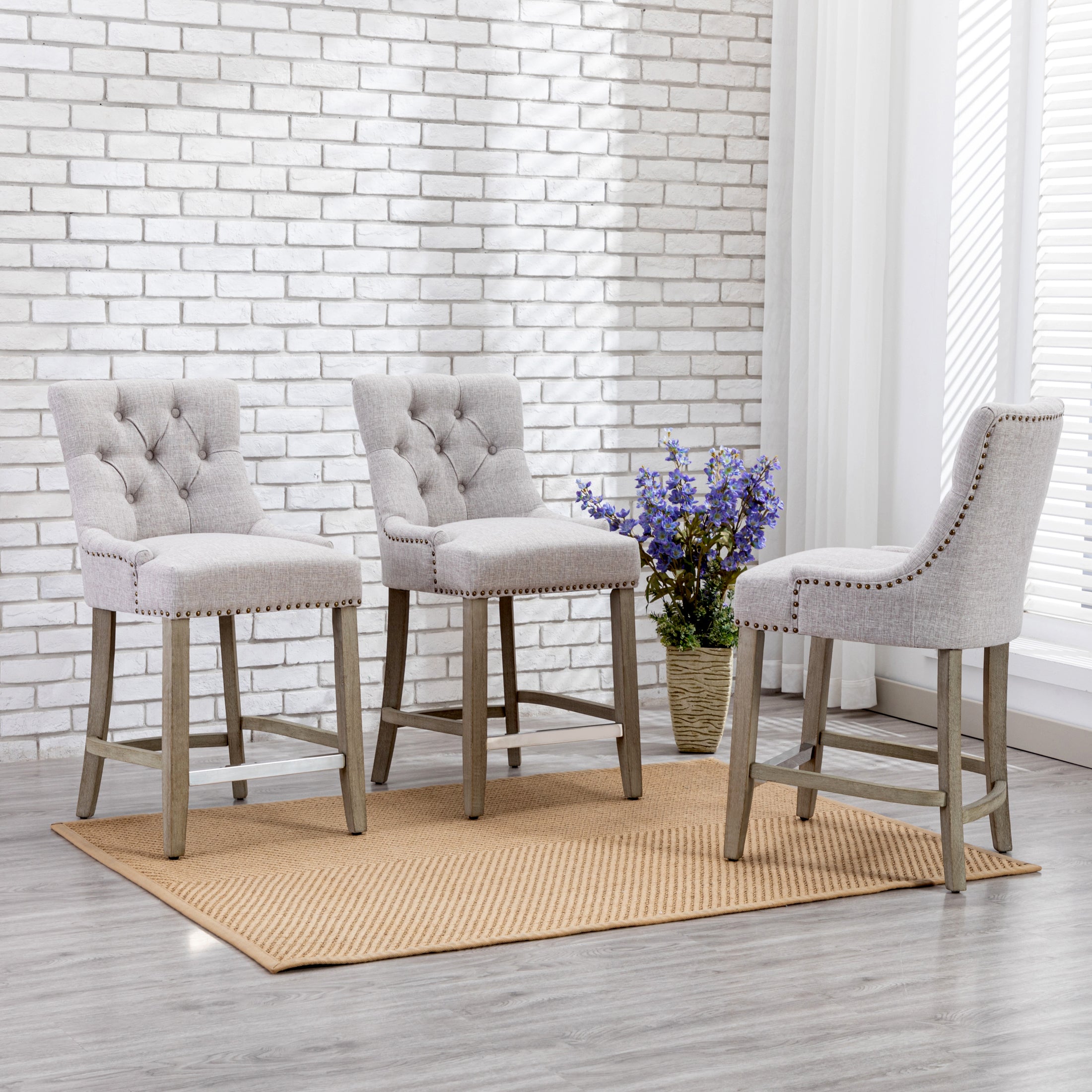 Hayes 24" Upholstered Wood Bar Stool with Tufted Back (Set of 3)