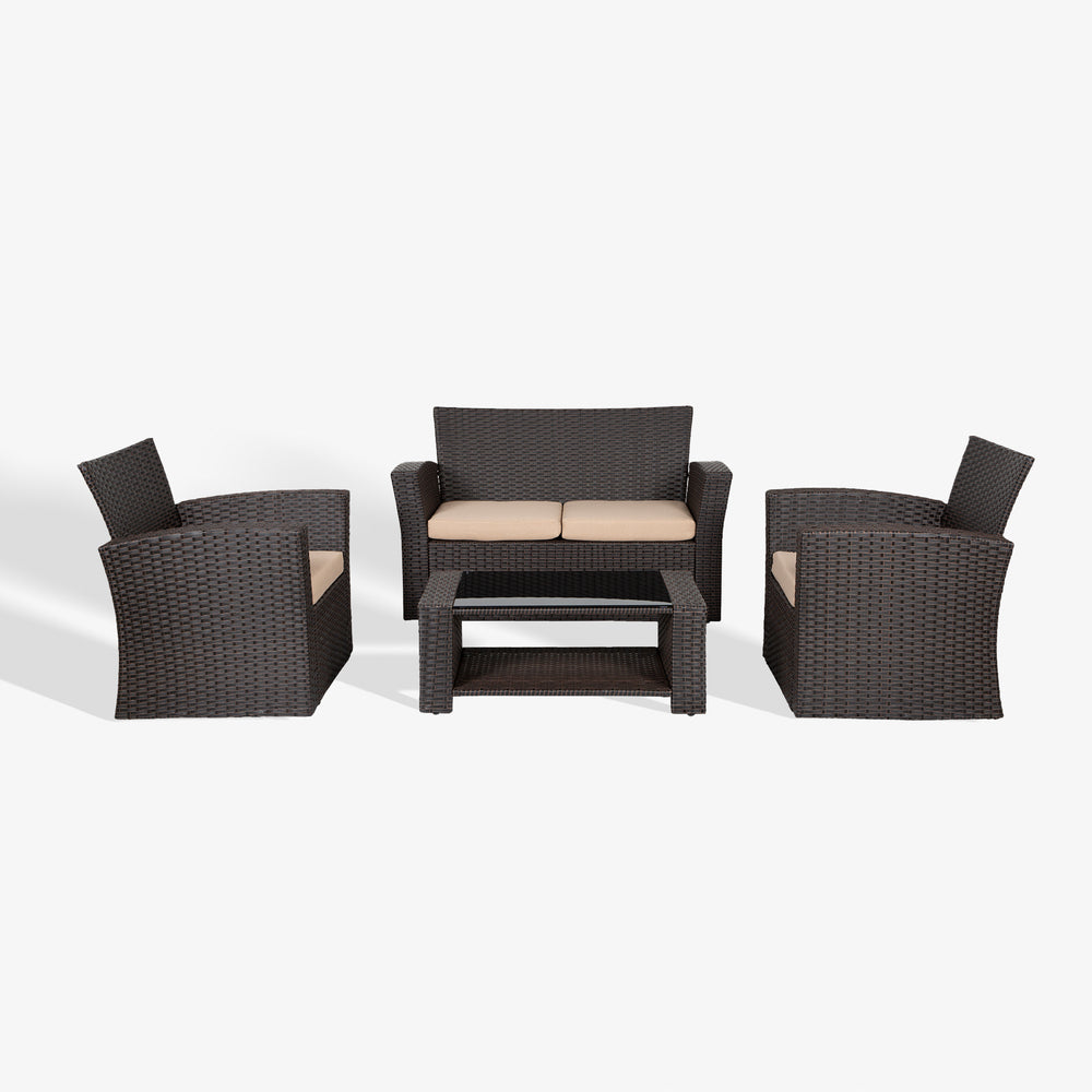 Coastal 4-Piece set Chocolate color base Outdoor / Patio Wicker Rattan Conversation Sofa set with cushions and a Coffee table ( 4 seater )
