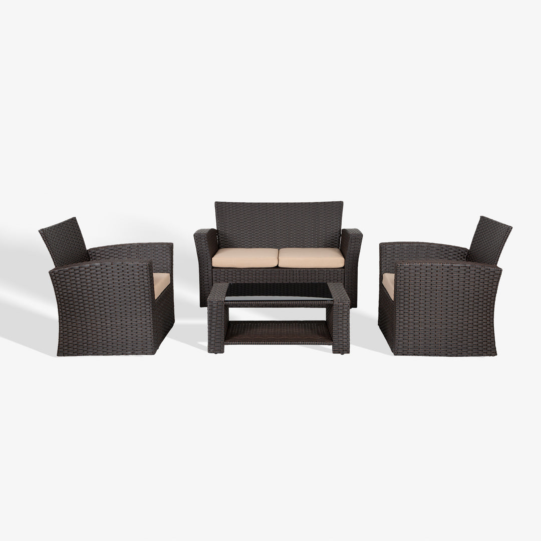 Coastal 4-Piece set Chocolate color base Outdoor / Patio Wicker Rattan Conversation Sofa set with cushions and a Coffee table ( 4 seater )
