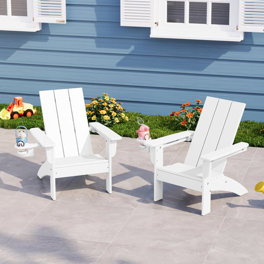 Ashore Kids Outdoor HDPE Plastic Modern Adirondack Patio Chairs with Cup Holders (Set of 2)
