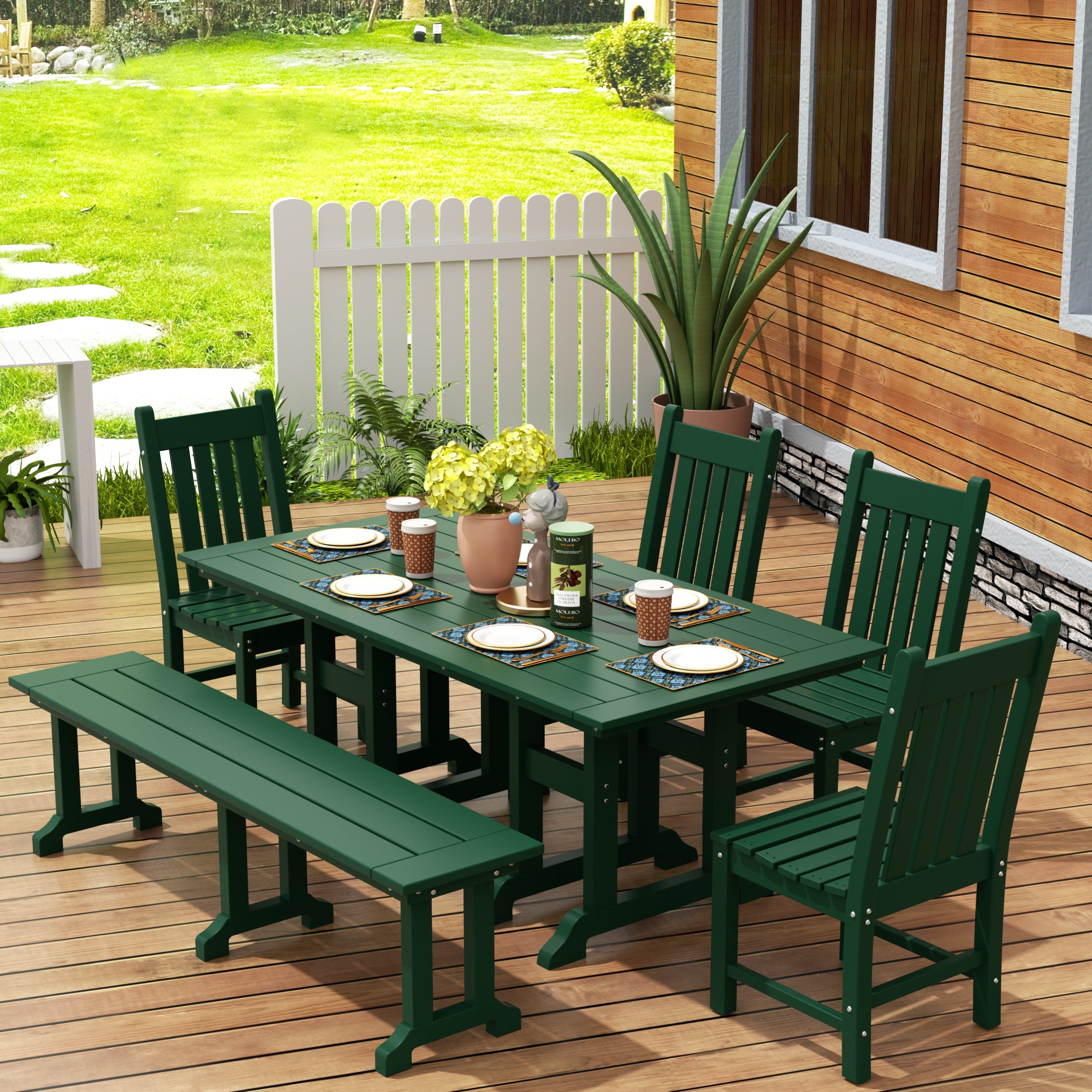 Malibu 6-Piece Outdoor Patio Dining Set Outdoor Table and Bench Chair Set