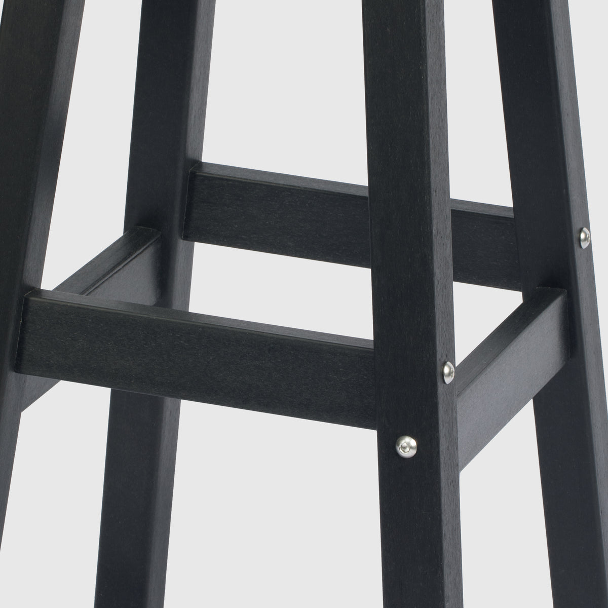 Malibu bar stool in Black, leg brace and hardware detail
