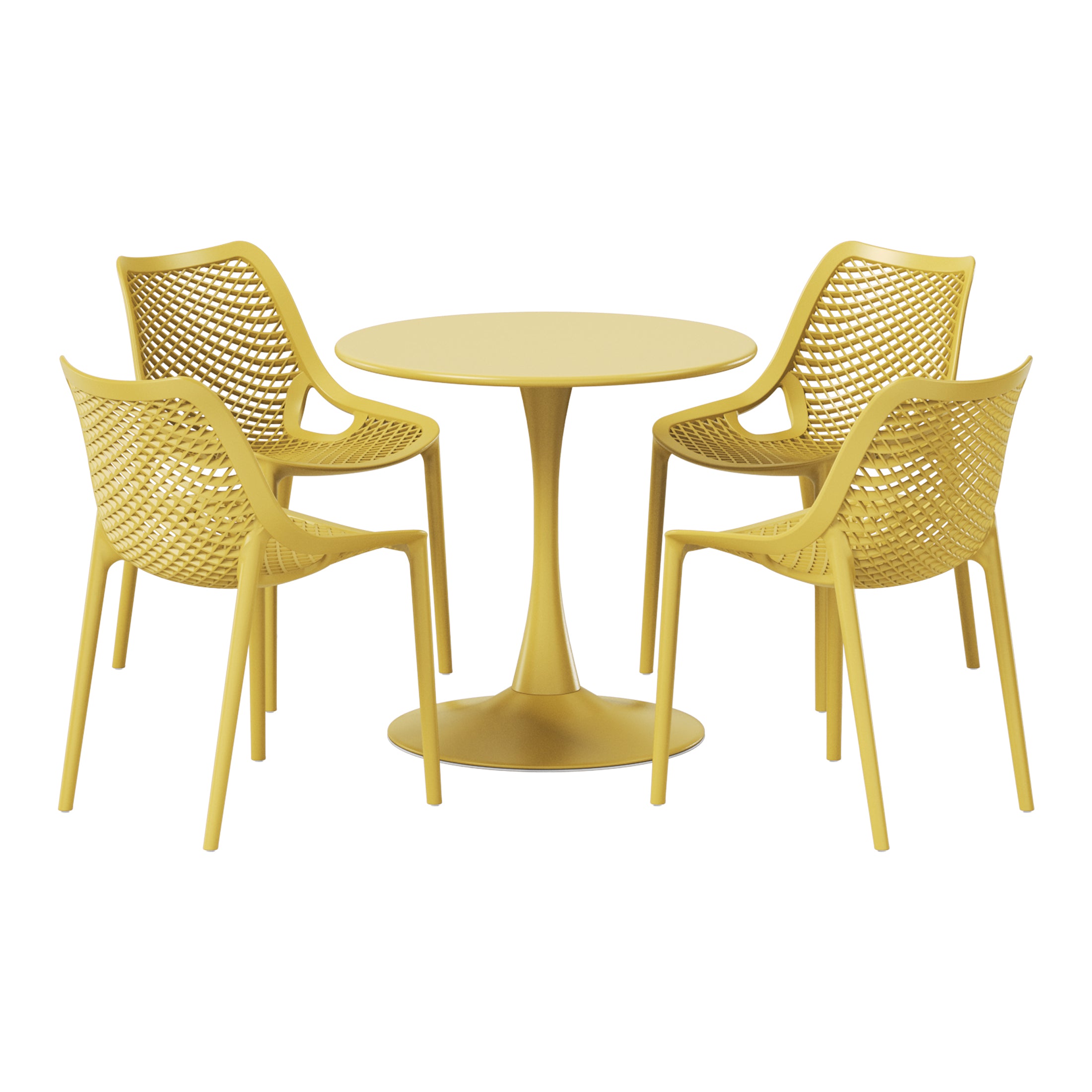 Playa 5-Piece Outdoor Indoor Round Metal Dining Table Set And Stackable Resin Patio Dining Side Chairs