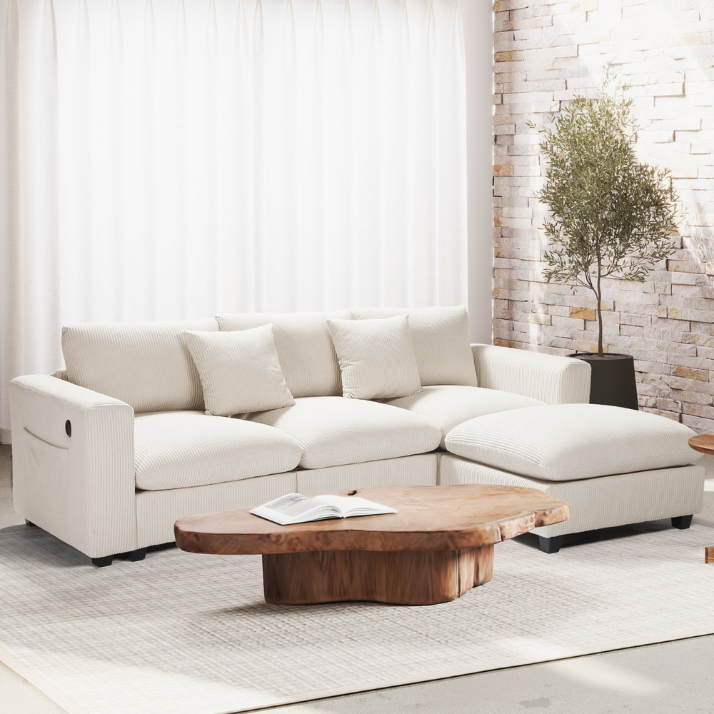Hearthside 99" Modular Corduroy L-Shaped Sectional Sofa and Chaise With USB/Type-C Ports and Side Pockets