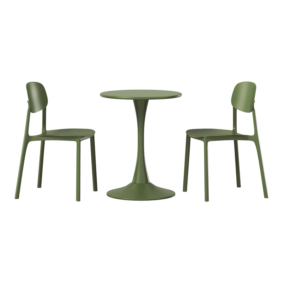 Playa 3-Piece Outdoor Round Metal Patio Dining Table Set With Stackable Resin Patio Side Chairs