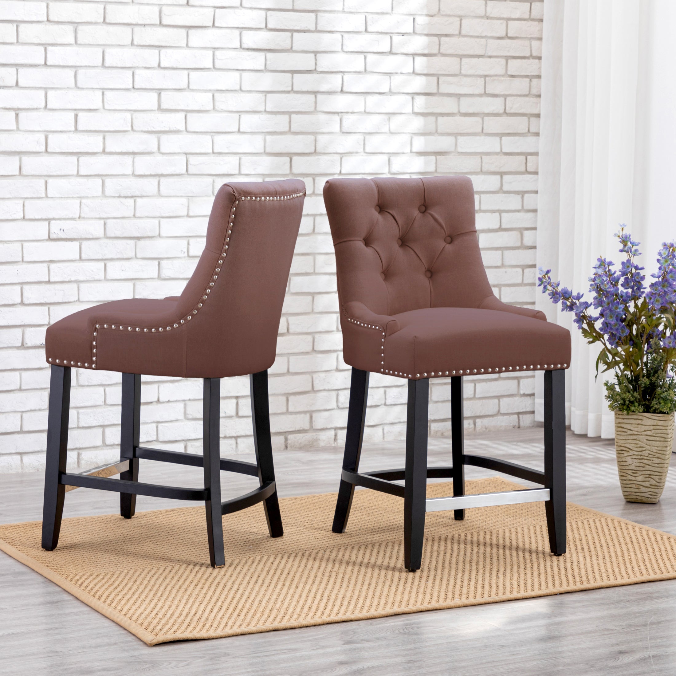 Hayes 24" Upholstered Wood Bar Stool with Tufted Back (Set of 2)