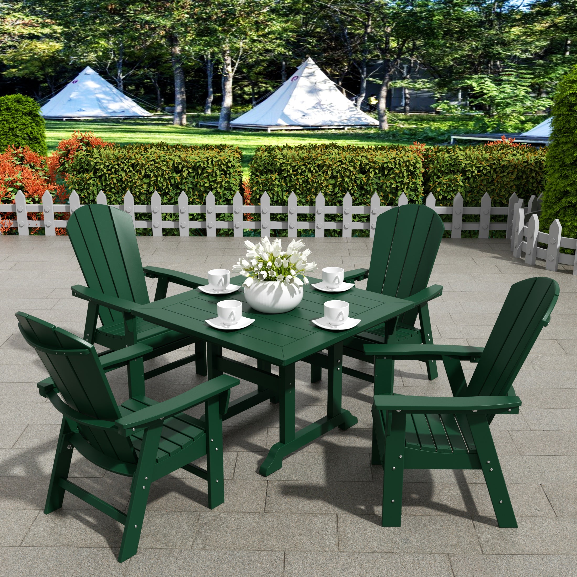 Malibu 5 Piece Outdoor Patio Dining Square Table and Curved Back Armchair Set