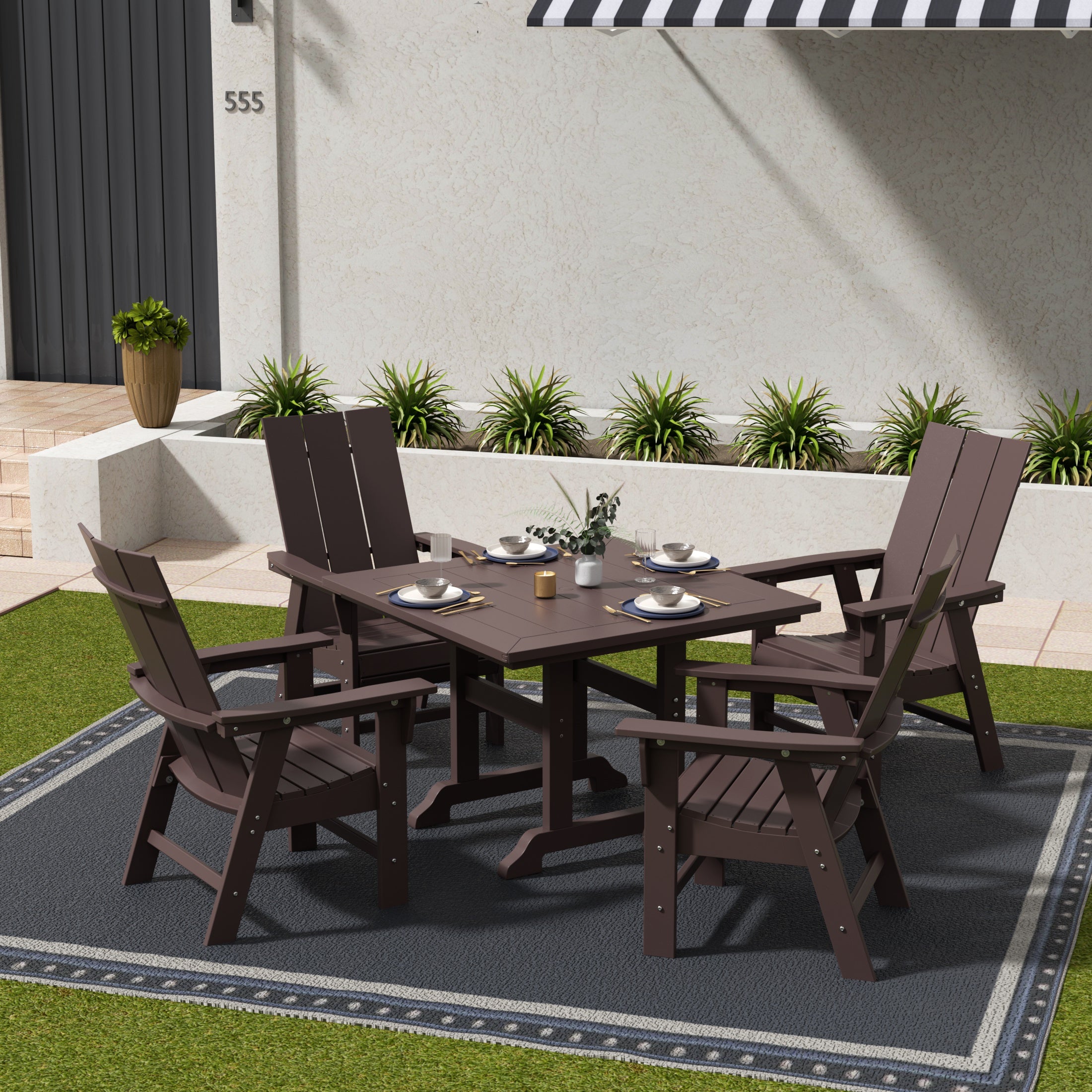 Ashore 5 Piece Outdoor Patio Dining Square Table and Modern Armchair Set