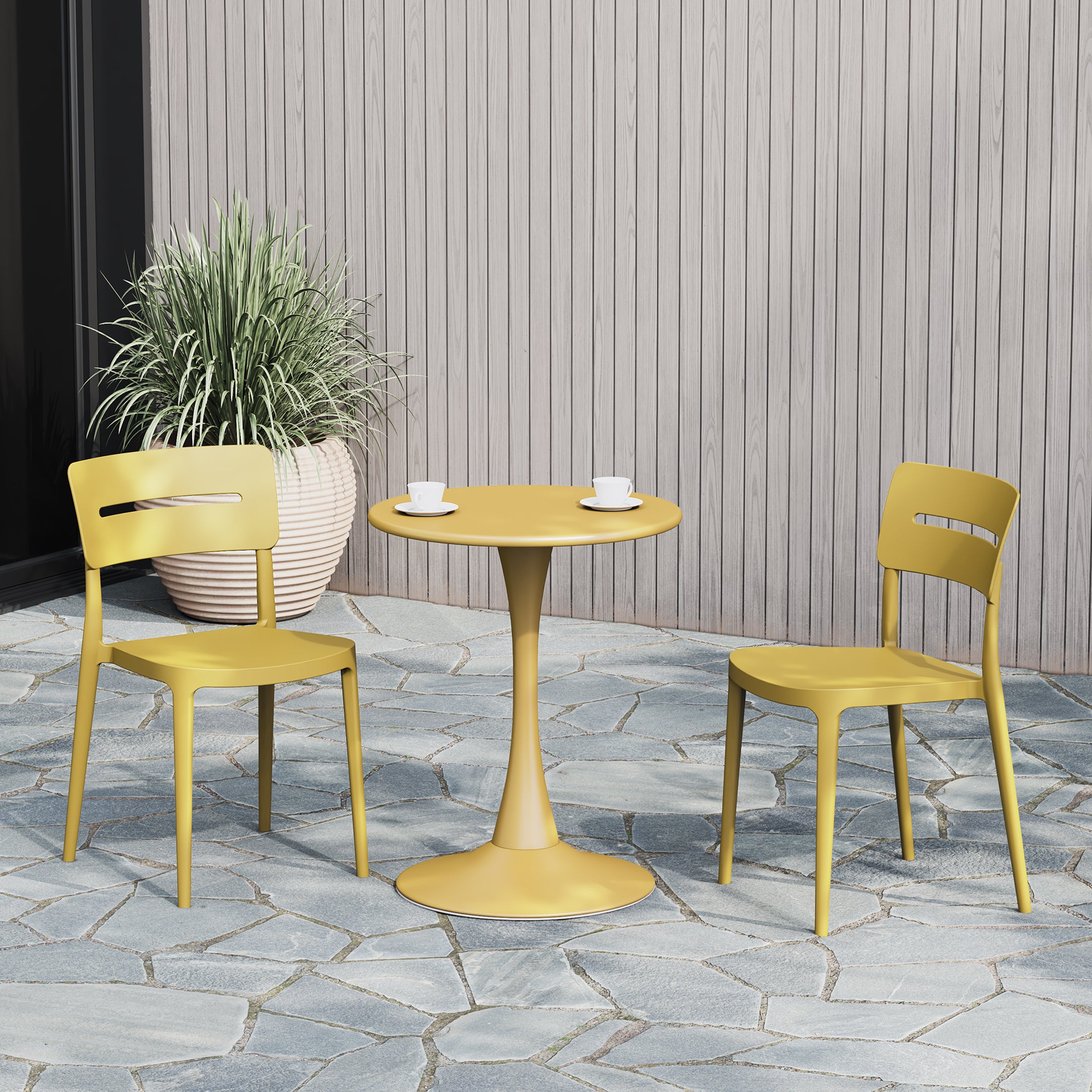 Playa 3-Piece Outdoor Round Metal Patio Dining Table Set With Stackable Patio Chairs