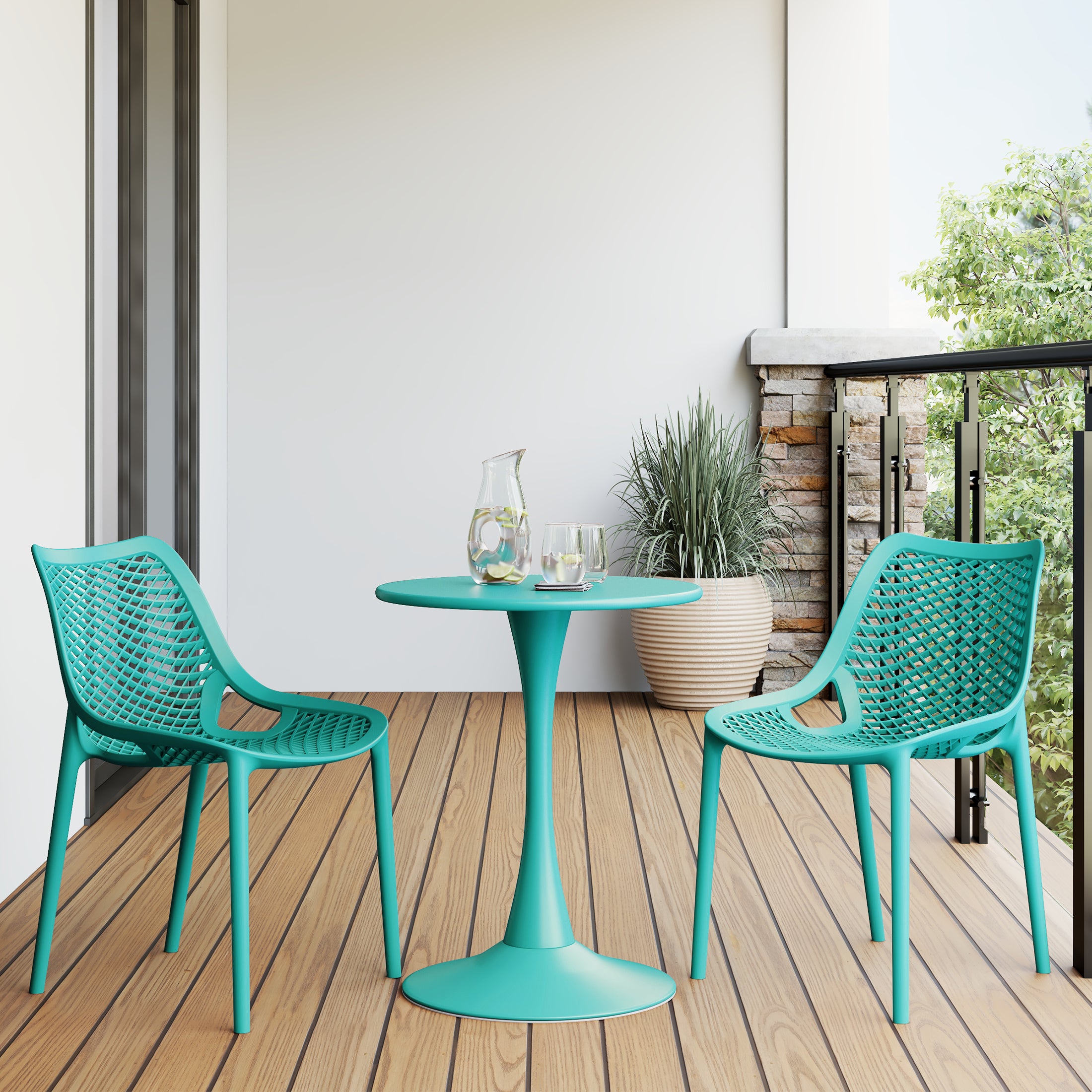 Playa 3-Piece Outdoor Round Metal Dining Table Set And Stackable Resin Patio Dining Side Chairs