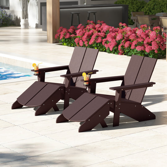 Riviera Outdoor 4-Piece HDPE Modern Adirondack Chairs Set with Folding Patio Ottomans and Cup Holder