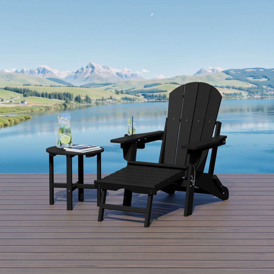 Malibu 2-Piece Outdoor Folding Adjustable Adirondack Chair with Cup Holder & Hideaway Ottoman and 18" Side Table