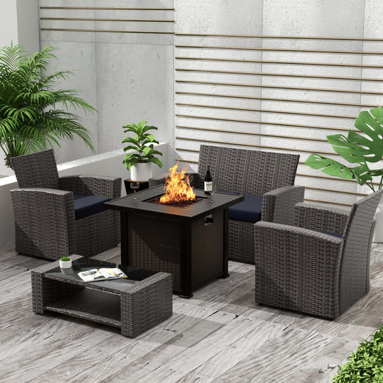 Coastal 4-Piece Gray Outdoor Patio Conversation Sofa Set with Square Fire Pit Table