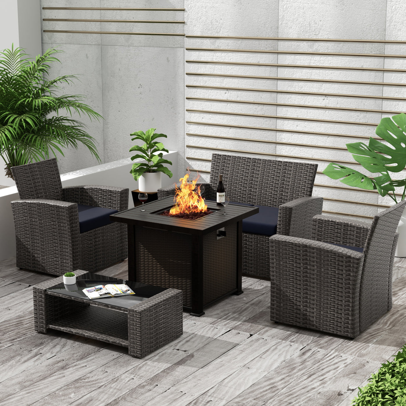 Coastal 4-Piece Gray Outdoor Patio Conversation Sofa Set with Square Fire Pit Table