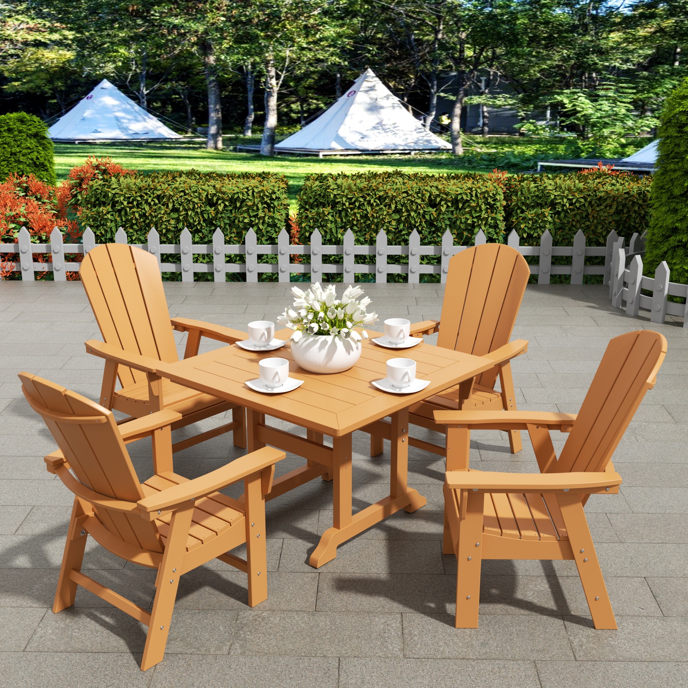 Malibu 5 Piece Outdoor Patio Dining Square Table and Curved Back Armchair Set