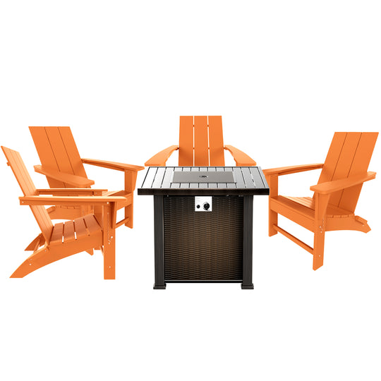 Ashore Modern Folding Poly Adirondack Chair With Square Fire Pit Table Set