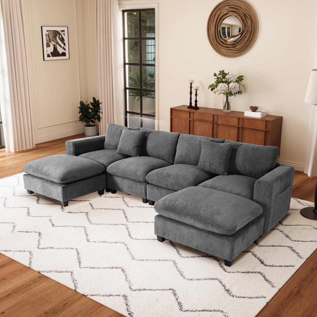 Hearthside 128" Corduroy Modular U-Shaped Sectional Couch and Chaise With USB/Type-C Ports and Side Pockets