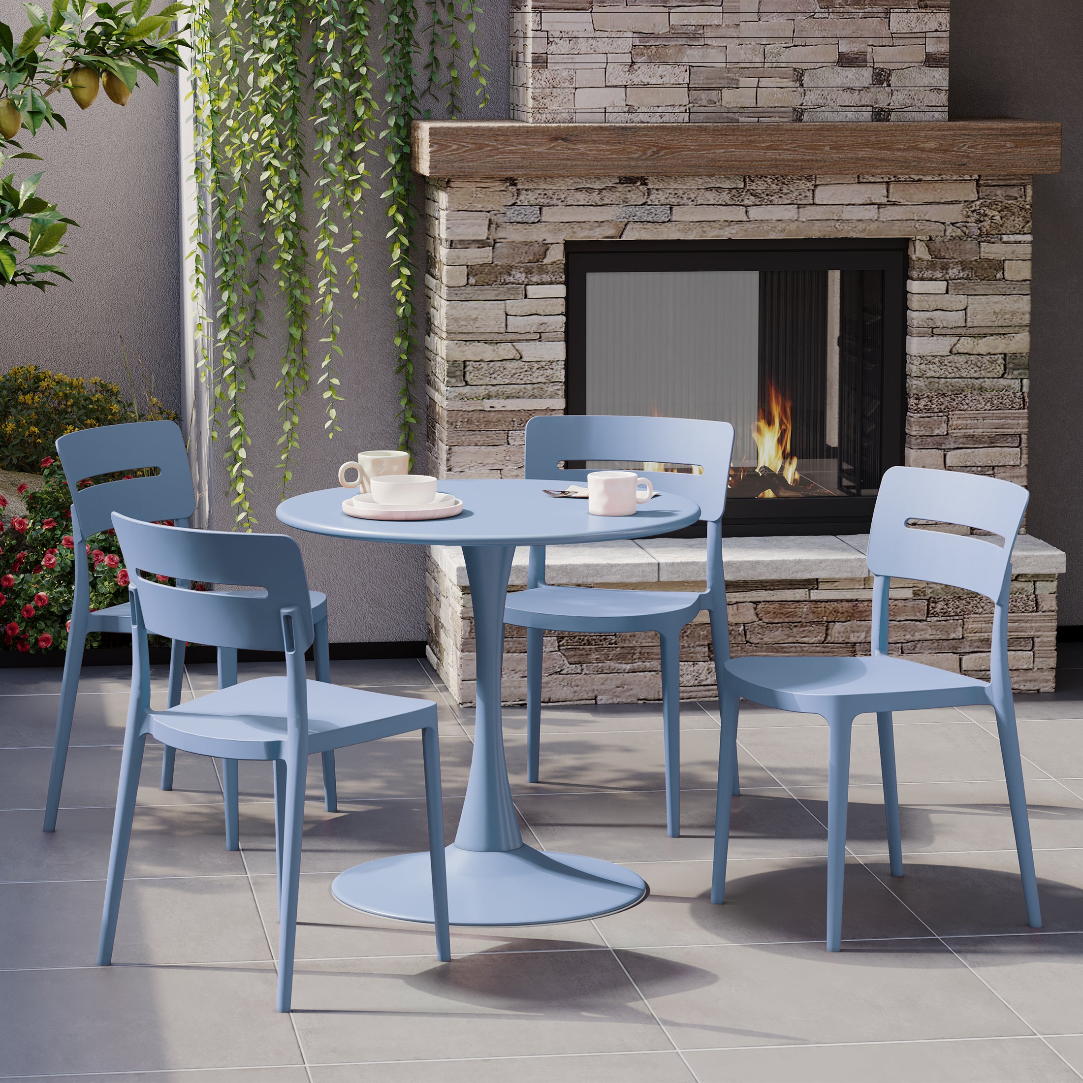 Playa 5-Piece Outdoor Indoor Round Metal Patio Dining Table Set With Stackable Patio Chairs