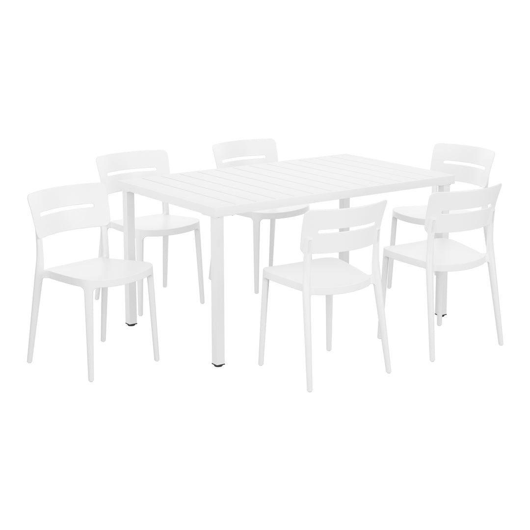 Playa 7-Piece Outdoor Rectangular Metal Patio Dining Table Set With Stackable Patio Chairs