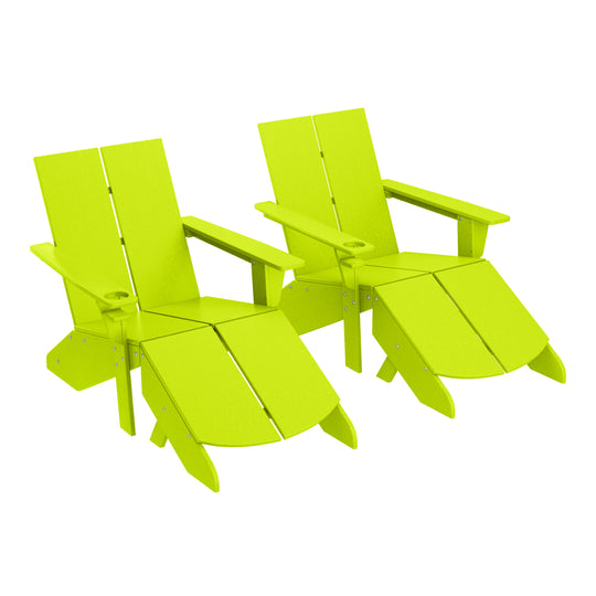 Riviera Outdoor 4-Piece HDPE Modern Adirondack Chairs Set with Folding Patio Ottomans and Cup Holder