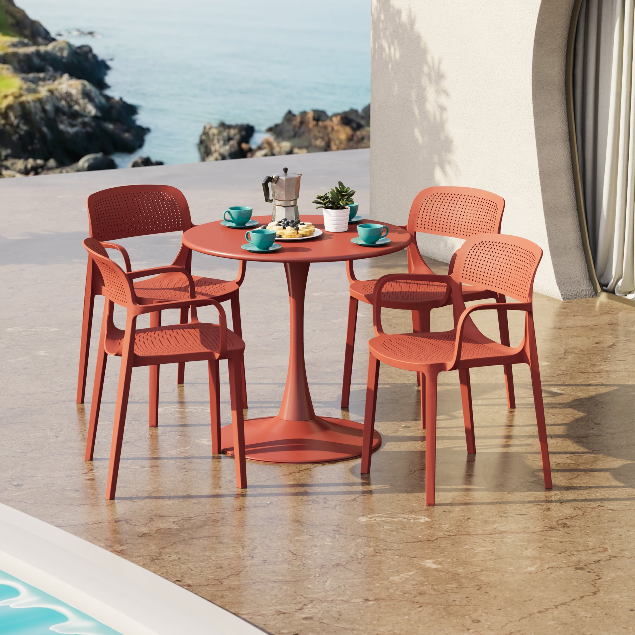 Playa 5-Piece Round Metal Bistro Dining Table Set And Stackable Resin Patio Dining Side Chairs