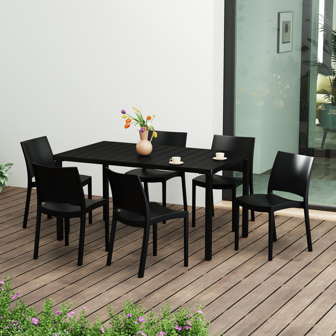 Playa 7-Piece Outdoor Rectangular Metal Patio Dining Table Set With Stackable Resin Patio Side Chairs