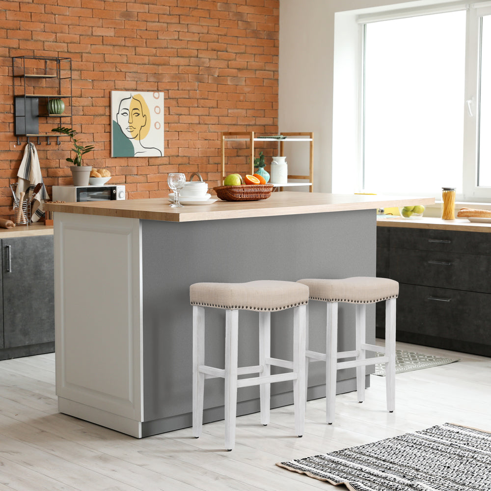 Lenox 29" upholstered nail head bar counter stools with Antique White color legs (2 piece set)