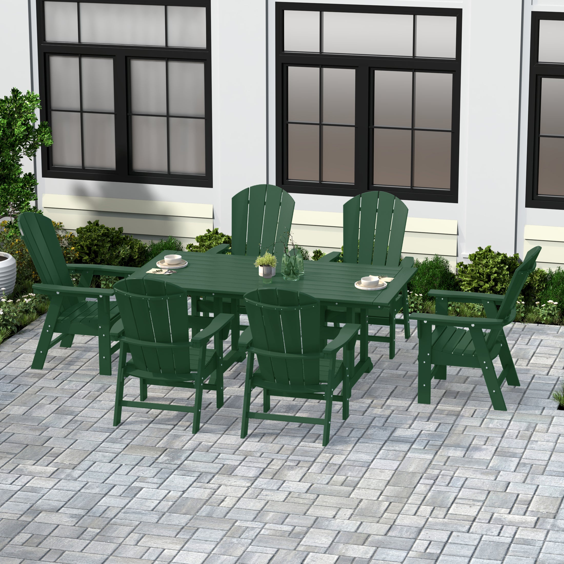 ネイビー ウィッカー ダイニングチェア Malibu 7 Piece Outdoor Patio Dining Table and Adirondack Armchair