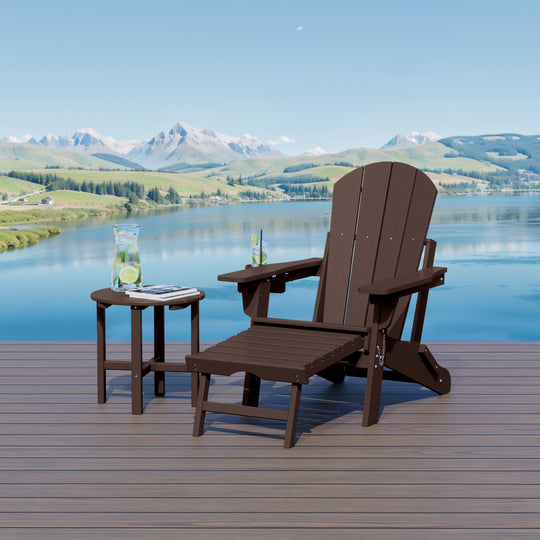Malibu 2-Piece Outdoor Folding Adjustable Adirondack Chair with Cup Holder & Hideaway Ottoman and 18" Side Table