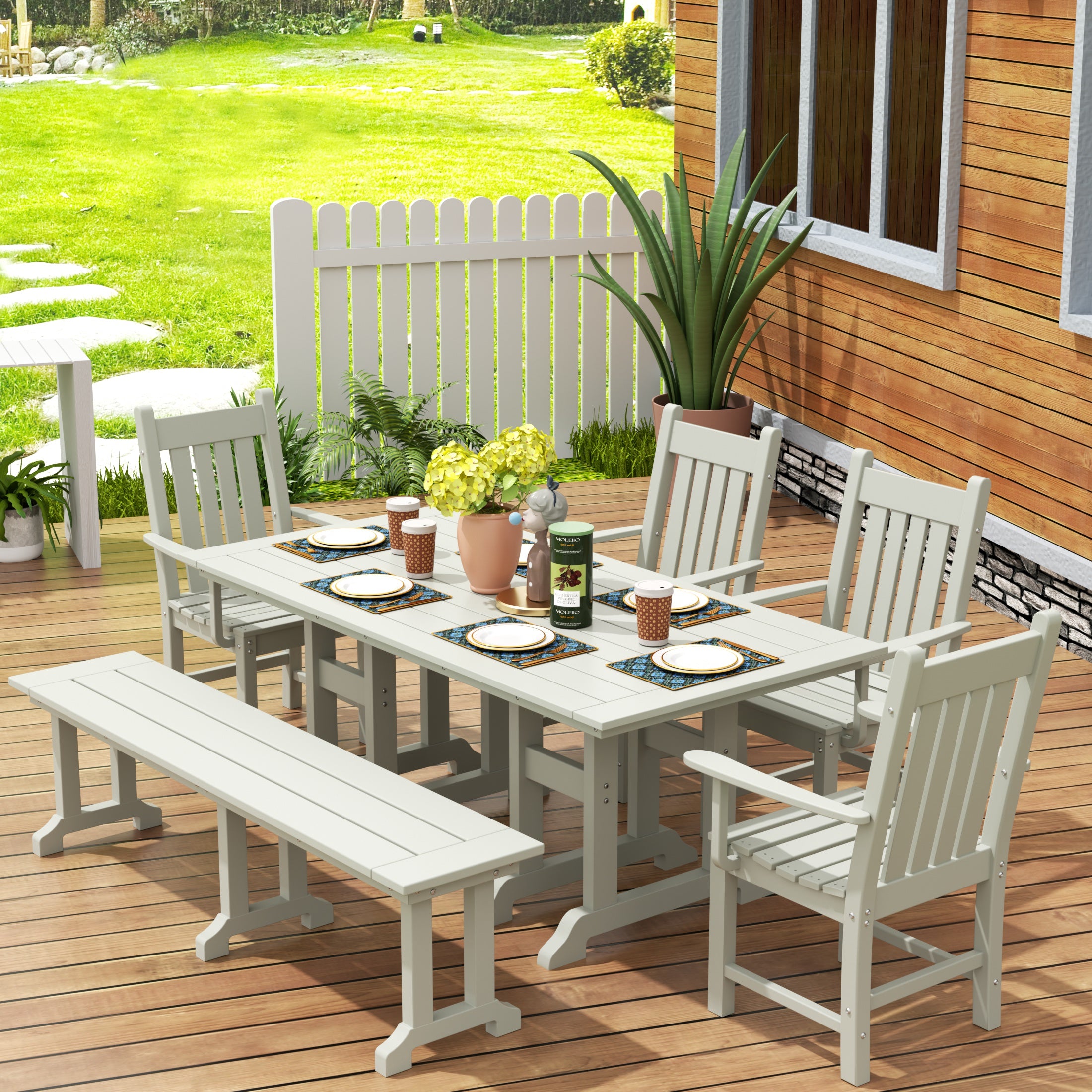 Malibu 6 Piece Outdoor Patio Dining Set Outdoor Table and Bench Armchair Set