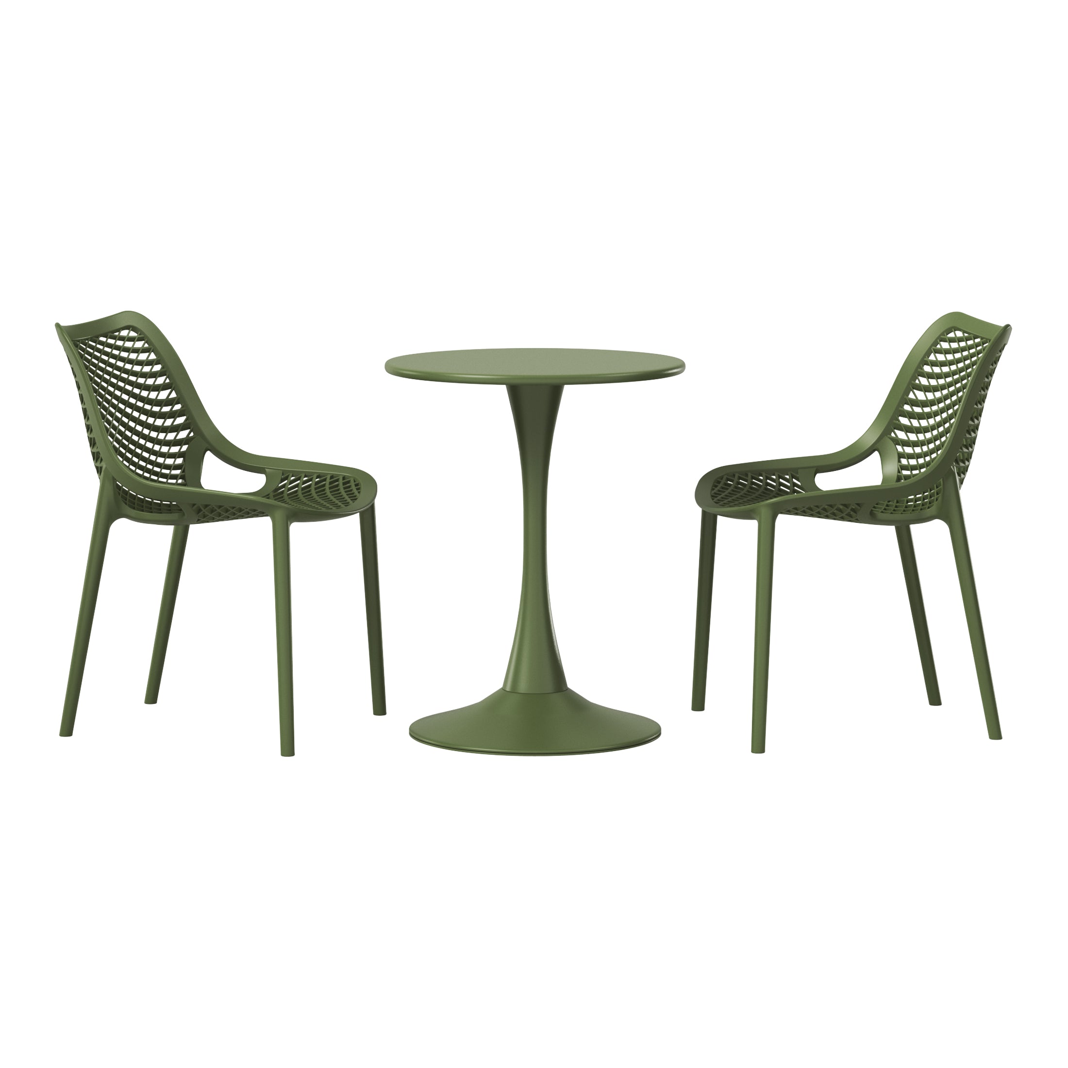 Playa 3-Piece Outdoor Round Metal Dining Table Set And Stackable Resin Patio Dining Side Chairs