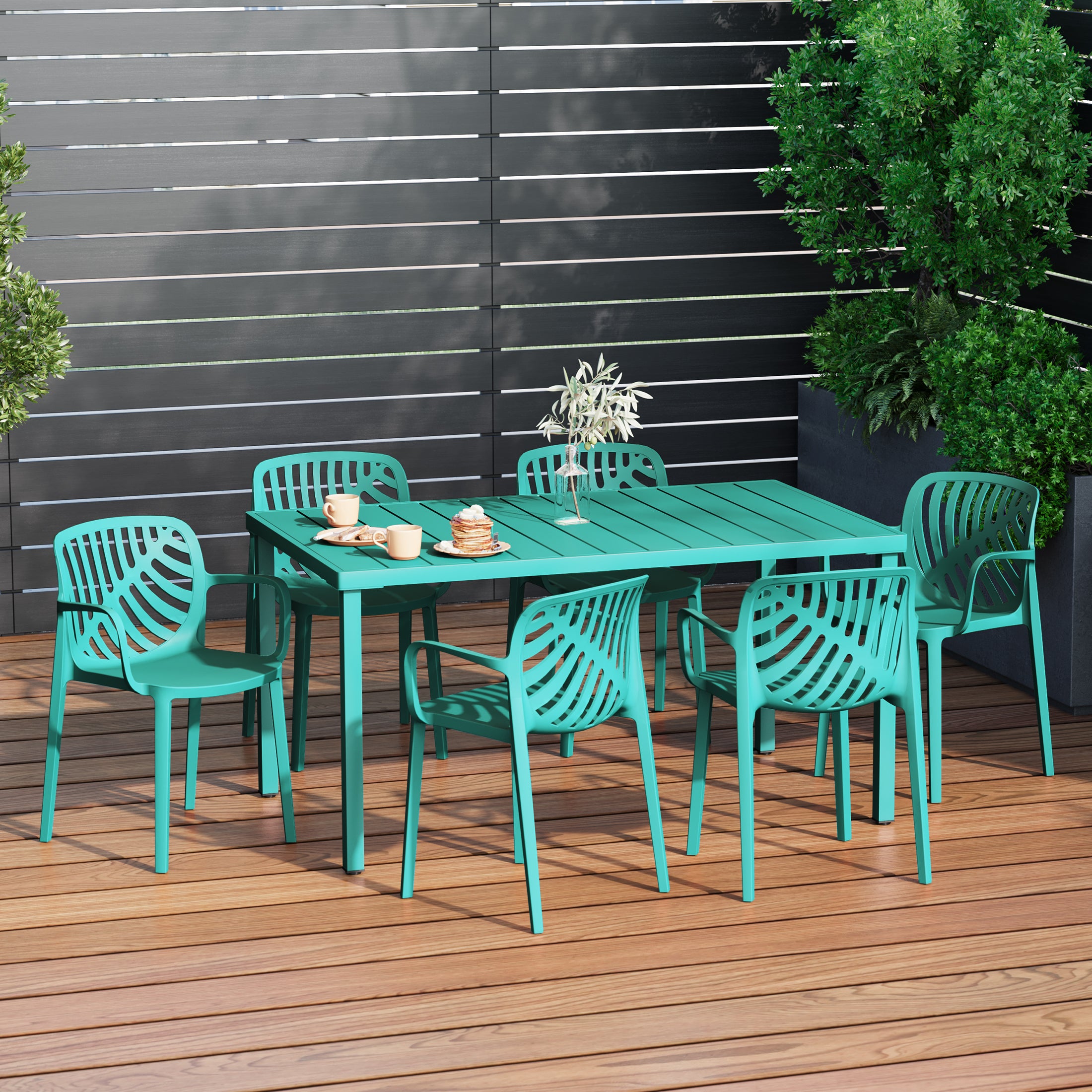 Playa 7-Piece Outdoor Metal Rectangle Patio Dining Table Set With Stackable Resin Patio Dining Chairs