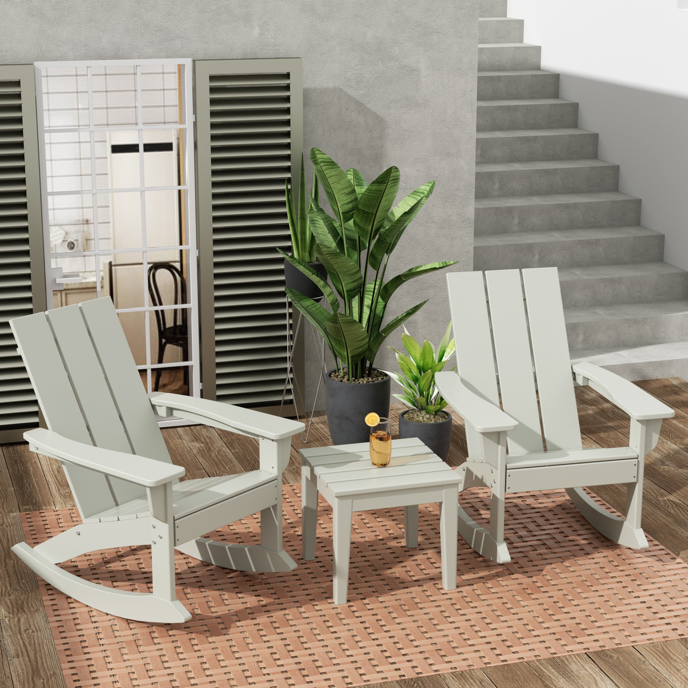 Ashore Modern Rocking Poly Adirondack Chair With Side Table 3-Piece Set