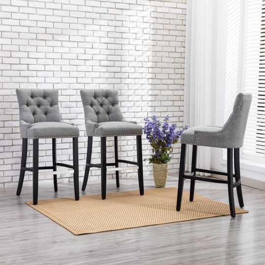 Hayes 29" Upholstered Tufted Wood Bar Stool (Set of 3), Black