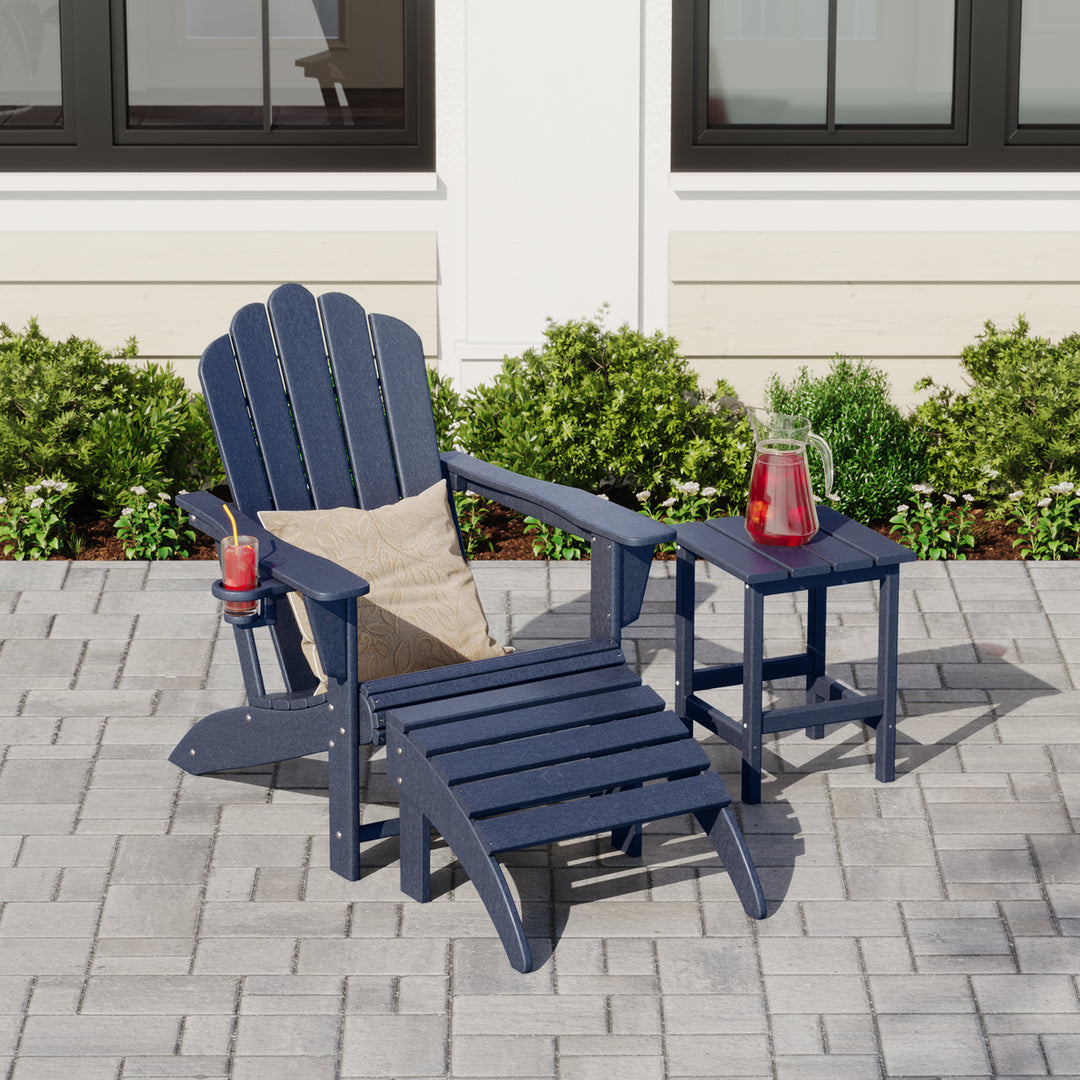 Highland 3-Piece Adirondack Chair with Cup Holder and Folding Ottoman and Table Set