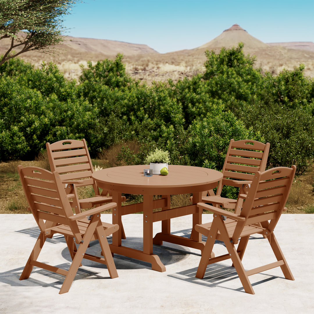 Malibu 5-Piece HDPE Round Patio Dining Table Set with Foldable Chairs