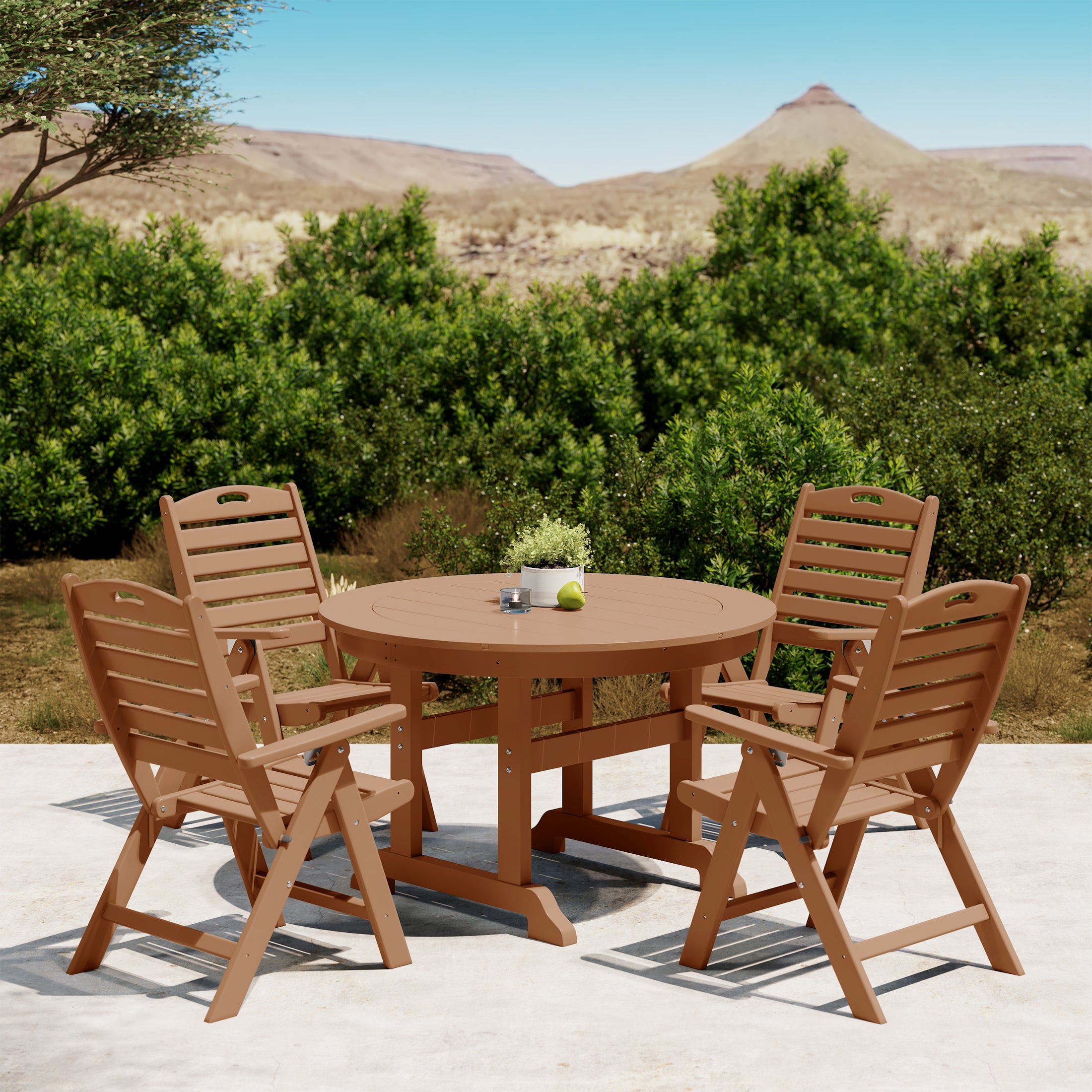 Malibu 5-Piece HDPE Round Patio Dining Table Set with Foldable Chairs