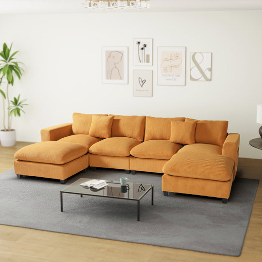 Hearthside 128" Corduroy Modular U-Shaped Sectional Couch and Chaise With USB/Type-C Ports and Side Pockets